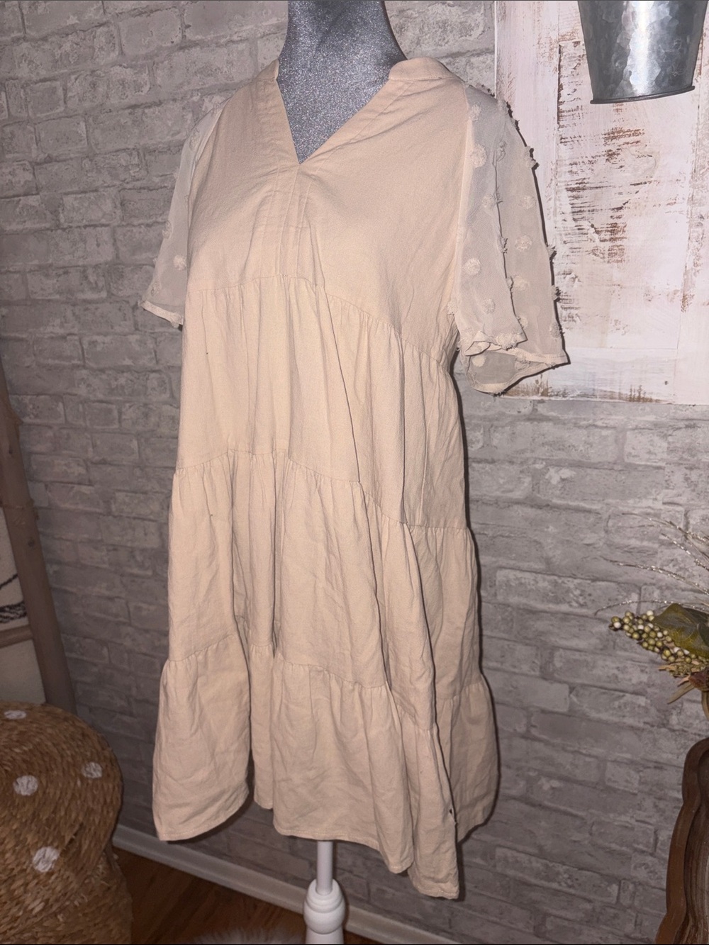 Light Beige Tiered V-Neck Women's Fall Dress